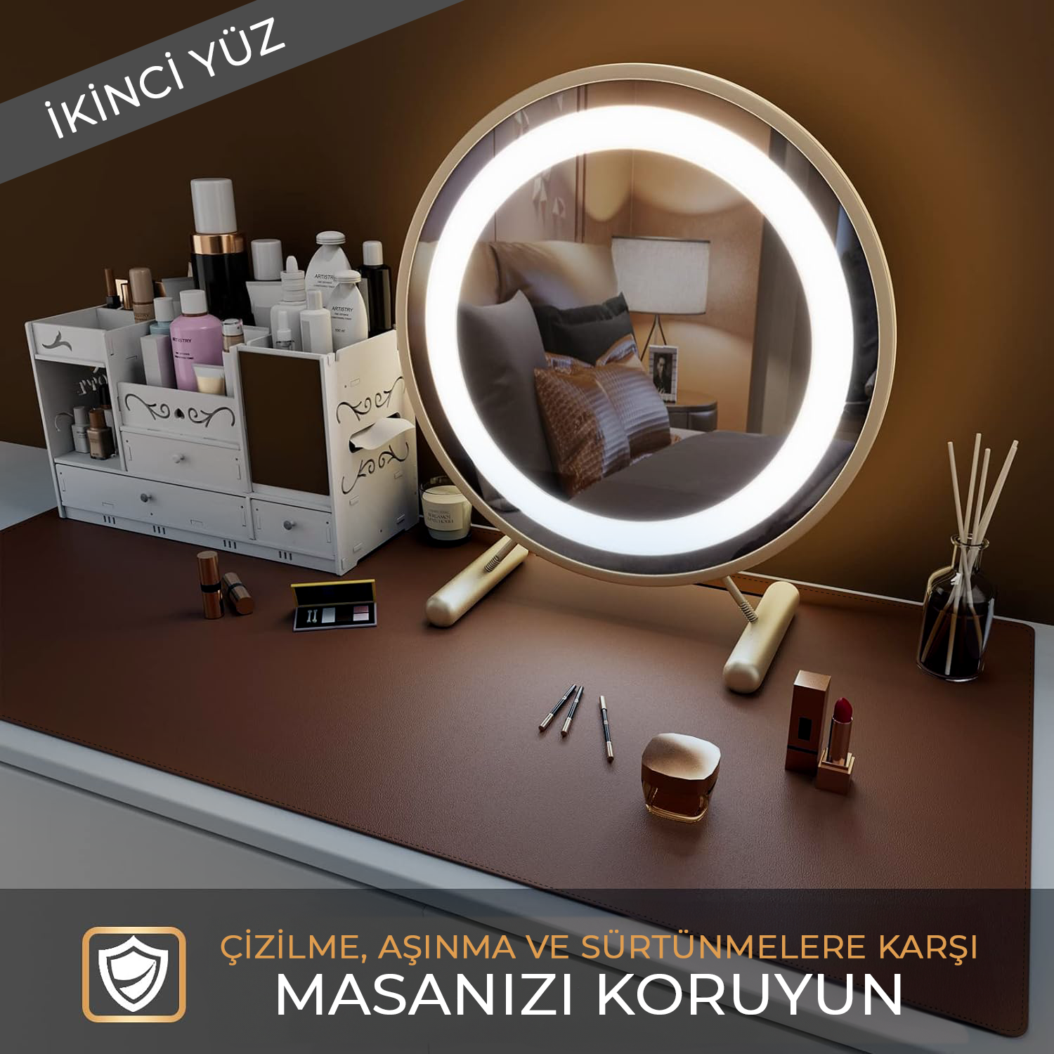 Çift Yüzey Bej ve Kahverengi Deri Mousepad