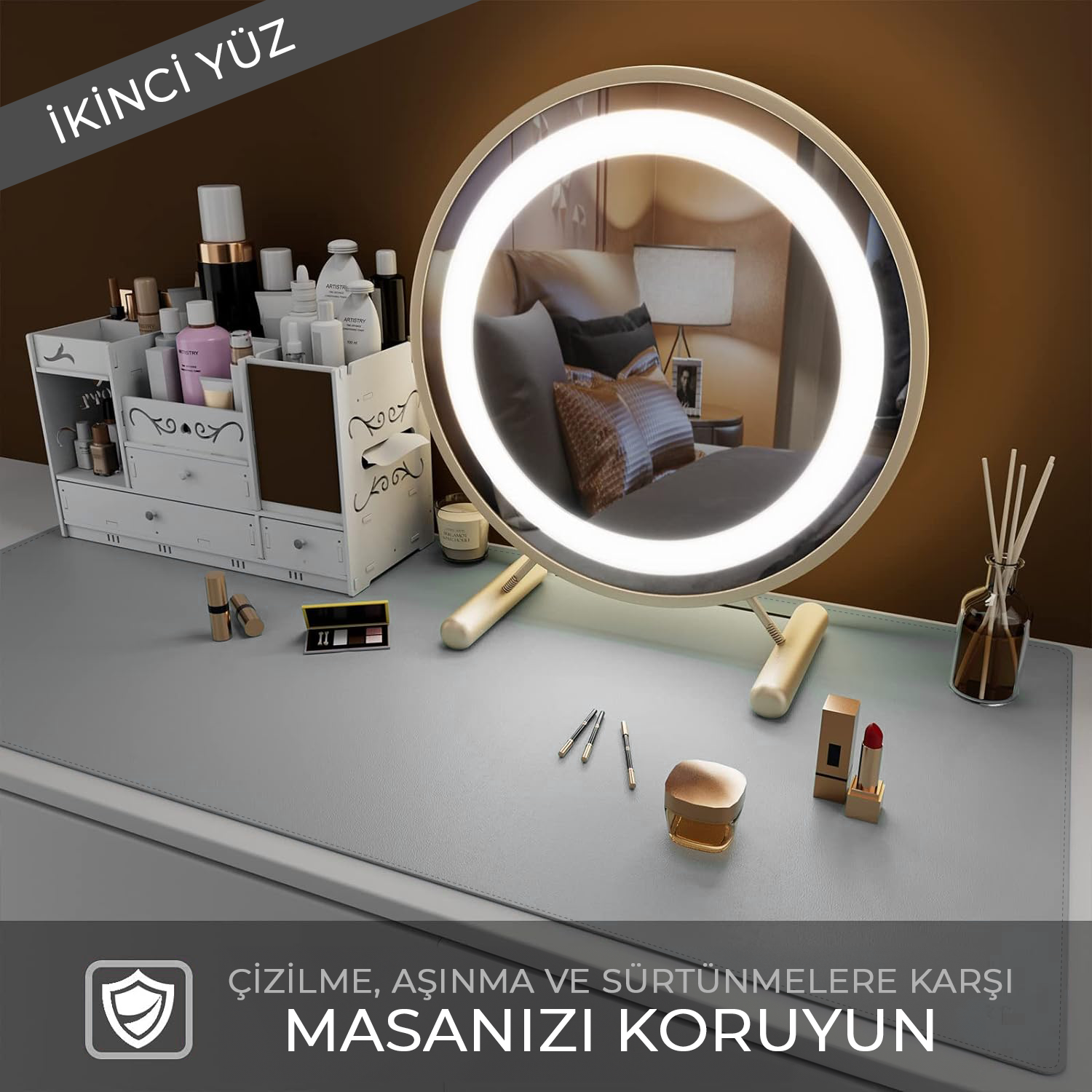 Çift Yüzey Pembe ve Gri Deri Mousepad